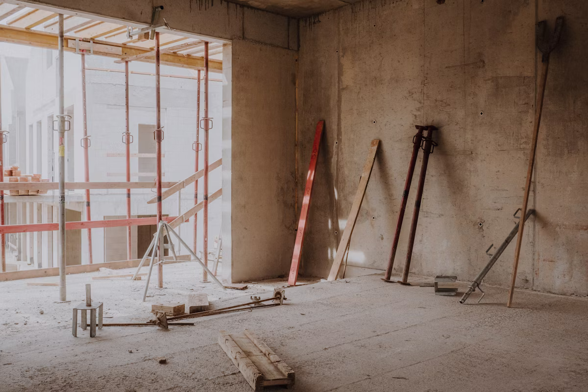 Commercial interior renovation in progress with scaffolding